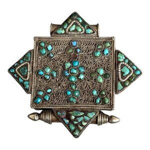 Antique Tibetan Gau Box Prayer Tribal Silver Turquoise Pendant Filigree 4" Large